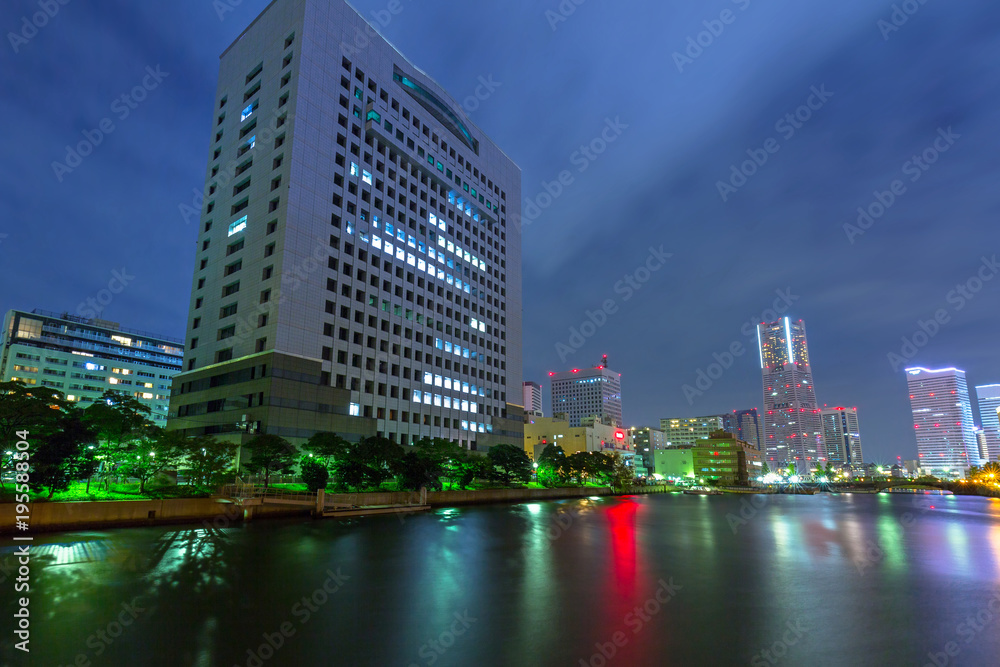 Cityscape of Yokohama city at night, Japan