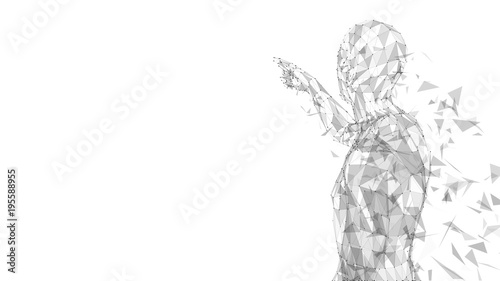 Conceptual abstract man touching or pointing to something. Connected lines, dots, triangles. Artificial intelligence concept. High technology vector digital background. 3D render vector illustration