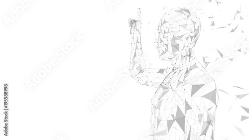 Conceptual abstract man pointing finger up. Connected lines, dots, triangles, particles. Artificial intelligence concept. High technology vector digital background. 3D render vector illustration