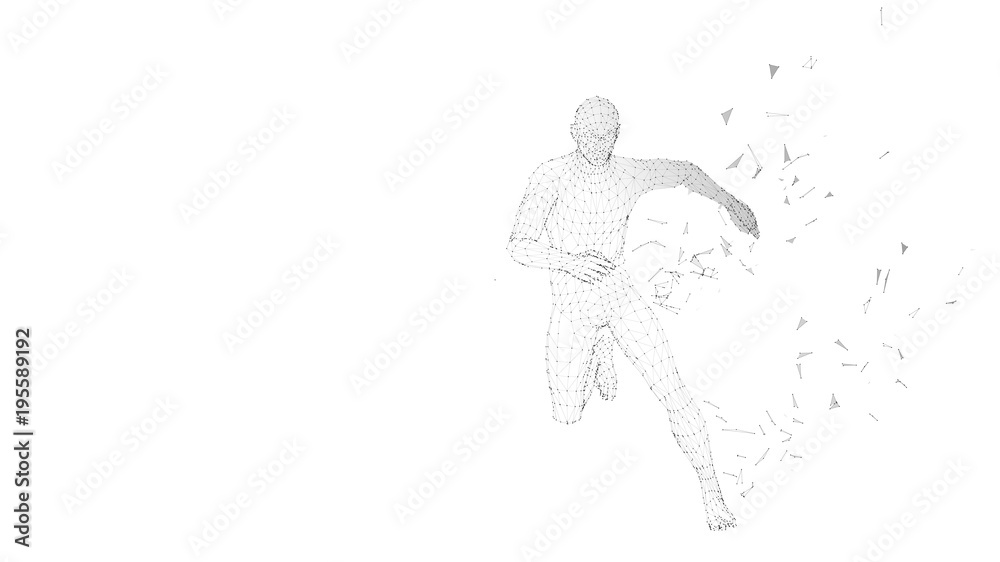 Conceptual abstract running man. Runner with connected lines, dots, triangles. Artificial intelligence, digital sport concept. High technology vector digital background. 3D render vector illustration Conceptual abstract running man. Runner with connected lines, dots, triangles. Artificial intelligence, digital sport concept. High technology vector digital background. 3D render vector illustration