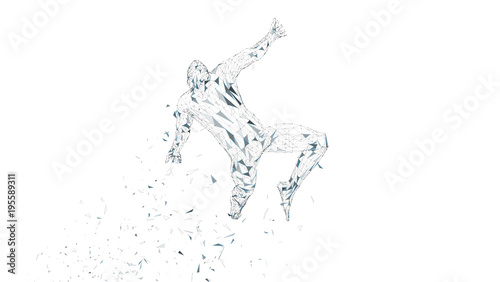 Conceptual abstract man is soaring in air. Connected lines, dots, triangles, particles isolated on white. Artificial intelligence concept. High technology vector, digital background. 3D render vector