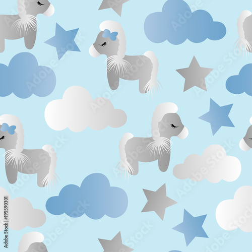 pattern with cartoon pony, clouds and stars