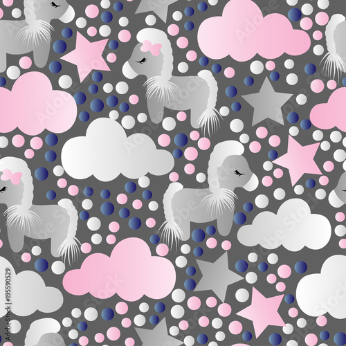 pattern with cartoon pony, clouds and stars