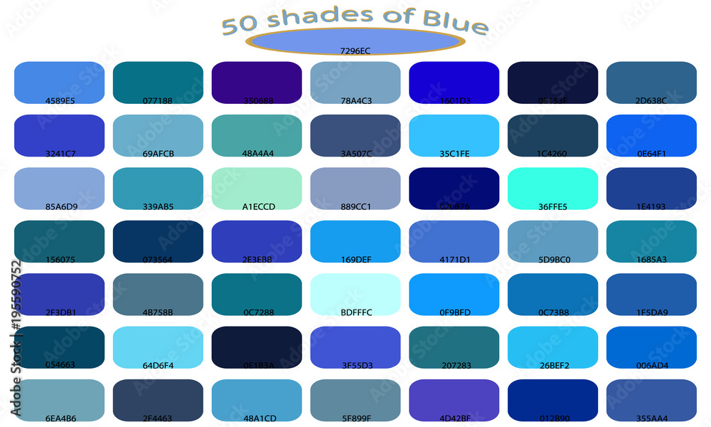 Vettoriale Stock Palette art of blue color. Blue tones and shades. 50 shades  of blue color isolated on white background. Color backgrounds with codes.  Vector illustration. | Adobe Stock