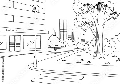 Street road graphic black white city landscape sketch illustration vector