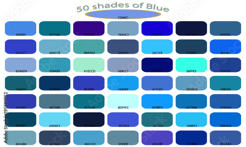 Palette art of blue color. Blue tones and shades. 50 shades of blue color isolated on white background. Color backgrounds with codes. Vector illustration. 