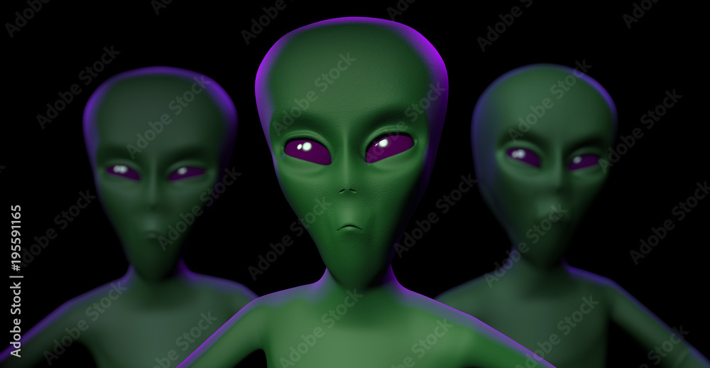 Three Aliens heads on dark violet background - 3d illustration Three Aliens heads on dark violet background - 3d illustration