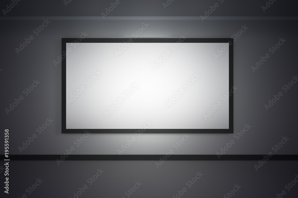 One big empty white frame - screen on the white wall in dark interior - 3d rendering