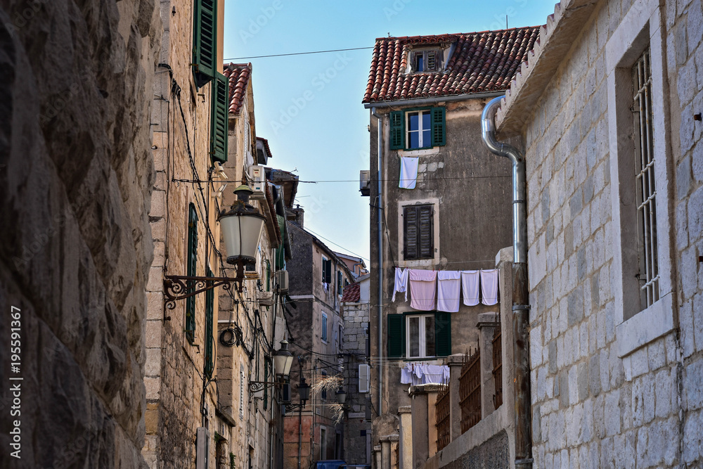 Typical stone house on small street in old town, Split, Croatia