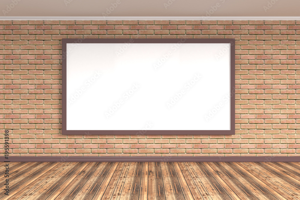 Room Interior with brick wall and wood floor, one empty frame / tv - screen on the wall - 3d illustration