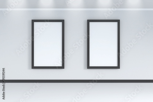 Two empty white frames on the white wall room with spot light above - 3d rendering