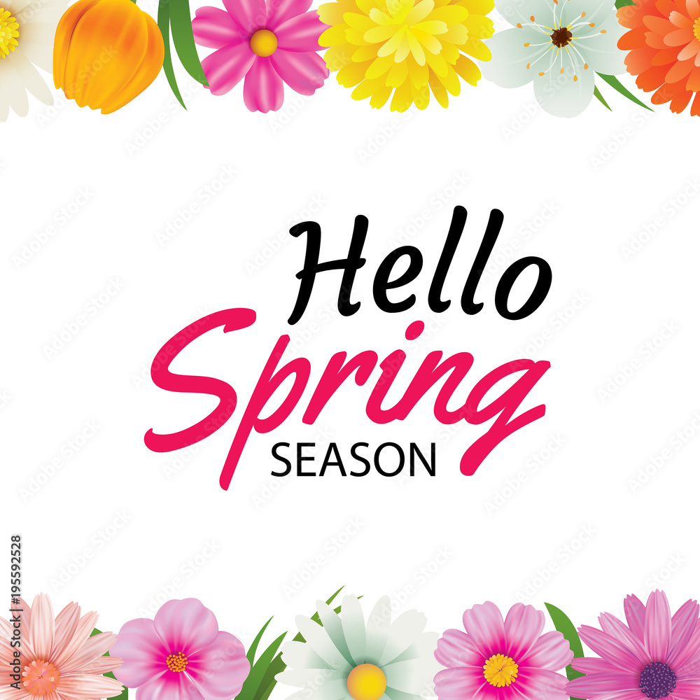 Hello spring season greeting card with colorful flower frame background template. Can be use voucher, wallpaper,flyers, invitation, posters, brochure, coupon discount.