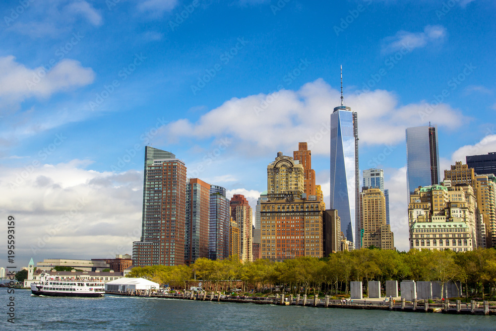 Lower Manhattan skyline view from ferry. New York City, USA