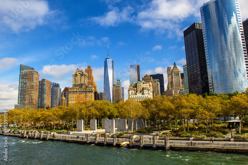 Lower Manhattan skyline view from ferry. New York City, USA
