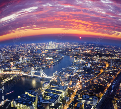 London city sunset  mystic aerial view