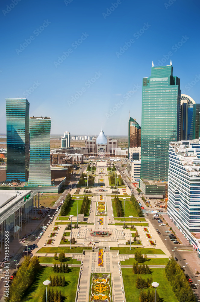 Obraz premium Government district and central walk park zone in Astana, Kazakhstan view from observation tower - Bayterek