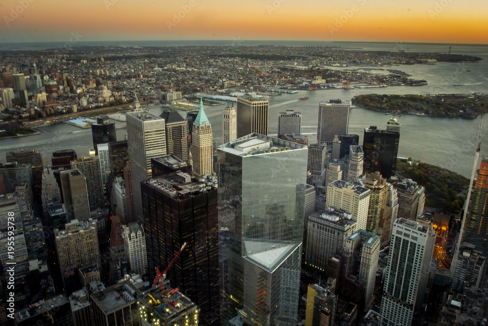 Fototapeta premium Sunset New York downtown aerial view