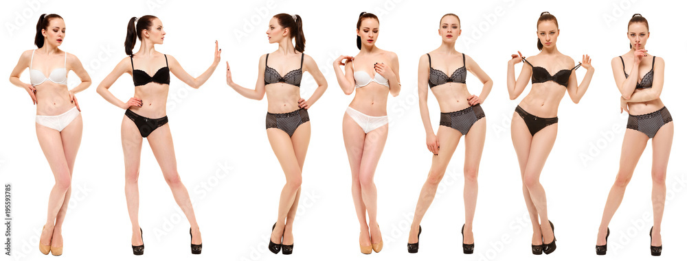 Beautiful girl in lingerie showing different poses standing on white  background. Collage of photos of one model Stock 写真 | Adobe Stock