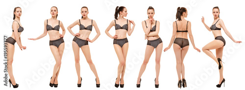 Collage of models in black lingerie. Young woman posing standing on white background photo