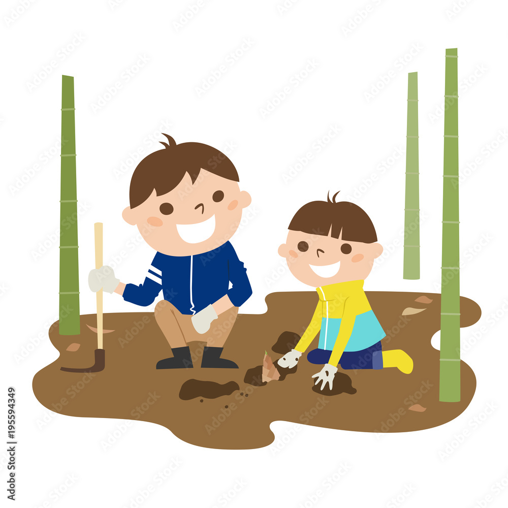 日本の春 旬なタケノコ狩りをして楽しんでる父と息子 親子二人のイラスト Stock ベクター Adobe Stock