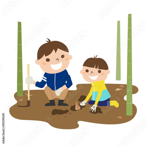 日本の春。旬なタケノコ狩りをして楽しんでる父と息子、親子二人のイラスト。