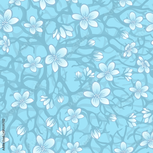 Vector seamless background with sakura blossoms  brunches and foliage. Eps outlined illustration in shades of blue.