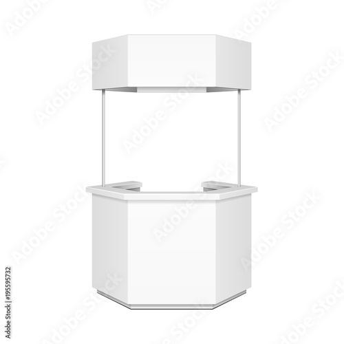 Hexagon, Hexagonal POS POI Blank Empty Retail Stand Stall Bar Display With Canopy, Banner. On White Background Isolated. Mock Up Template Ready For Your Design. Product Advertising Vector EPS10