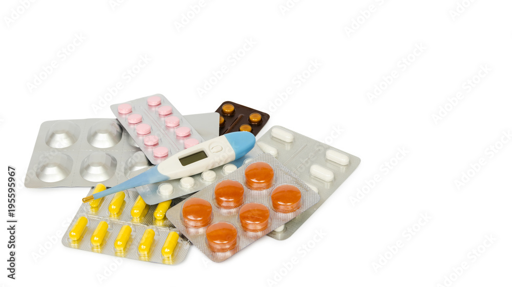 Set of medications for a quick recovery and sustain life. Isolated on white background. copy space, template. Set of medications for a quick recovery and sustain life. Isolated on white background. copy space, template.