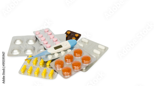 Set of medications for a quick recovery and sustain life. Isolated on white background. copy space, template.
