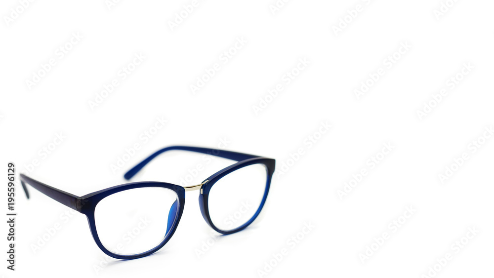 blue glasses to improve vision. Isolated on white background. copy space, template.