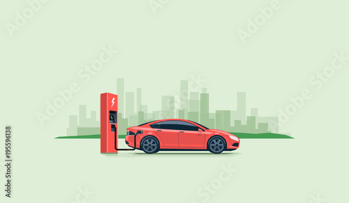 Flat vector illustration of a red electric car charging at the charger station on the street with green city skyline in the background. Electromobility e-motion concept. 