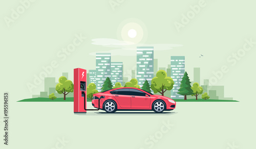 Flat vector illustration of a red electric car charging at the charger station on the street with green city skyline in the background. Electromobility e-motion concept. 
