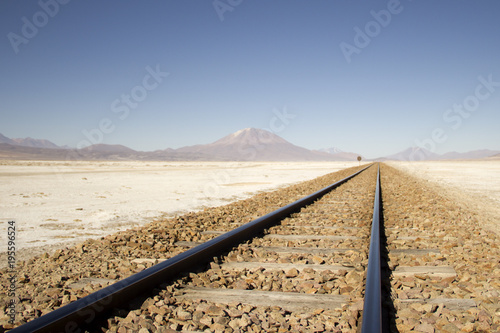 Railroad in Salar de Uyuni desert, it connects Bolivia and Chile