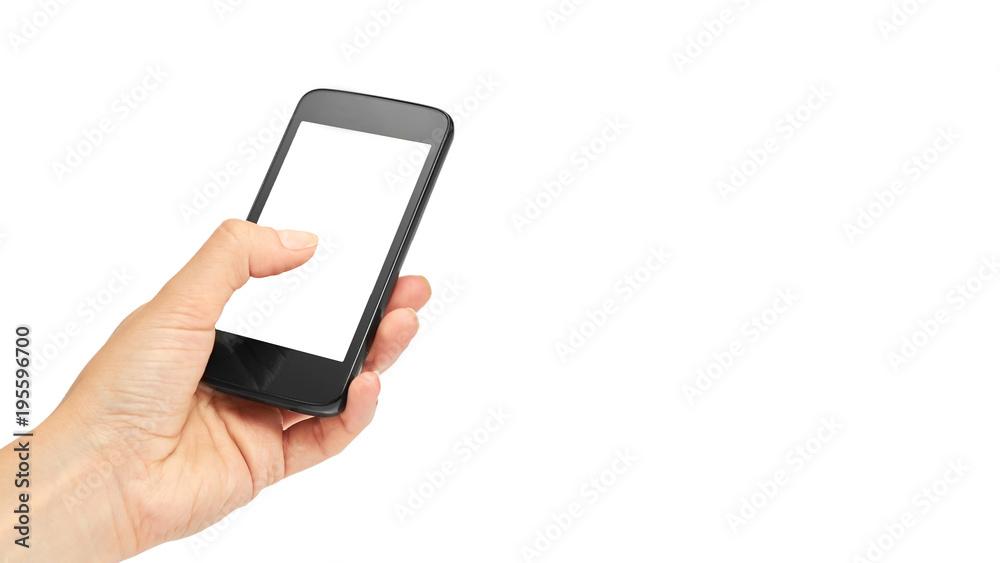 Female hands hold a cell phone, mockup template. Isolated on white background. copy space, template.