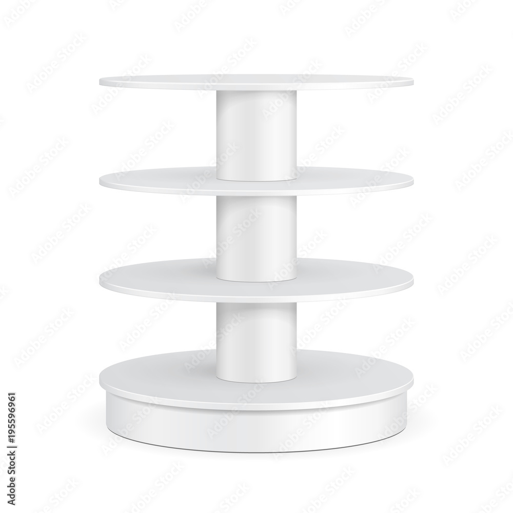 Round Cardboard Floor Display Rack For Supermarket Blank Empty With Shelves. Illustration Isolated On White Background. Ready For Your Design. Product Advertising. Vector EPS10 Round Cardboard Floor Display Rack For Supermarket Blank Empty With Shelves. Illustration Isolated On White Background. Ready For Your Design. Product Advertising. Vector EPS10