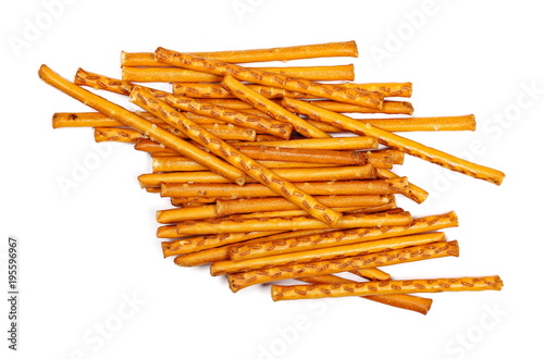 Salty cracker pretzel sticks isolated on white background, top view