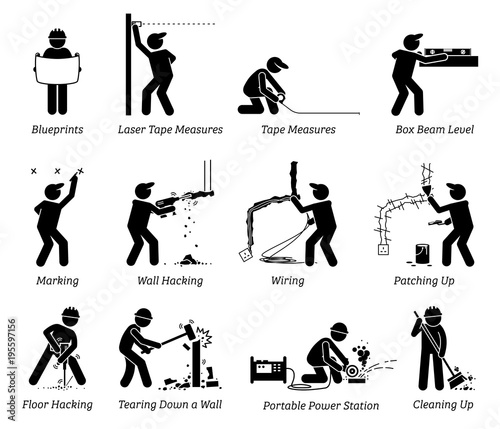 Construction, Renovation, and House Improvement Icons. Pictogram depicts workers and contractors working in different jobs and works at a construction sites. 