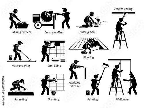 Home Improvement and House Renovation Icons. Pictogram depicts workers and specialists renovating, upgrading, and repairing building. 