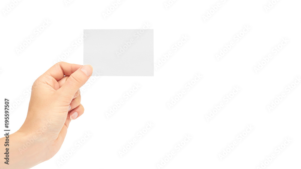 Obraz premium Female hands hold a business card. Isolated on white background. copy space, template