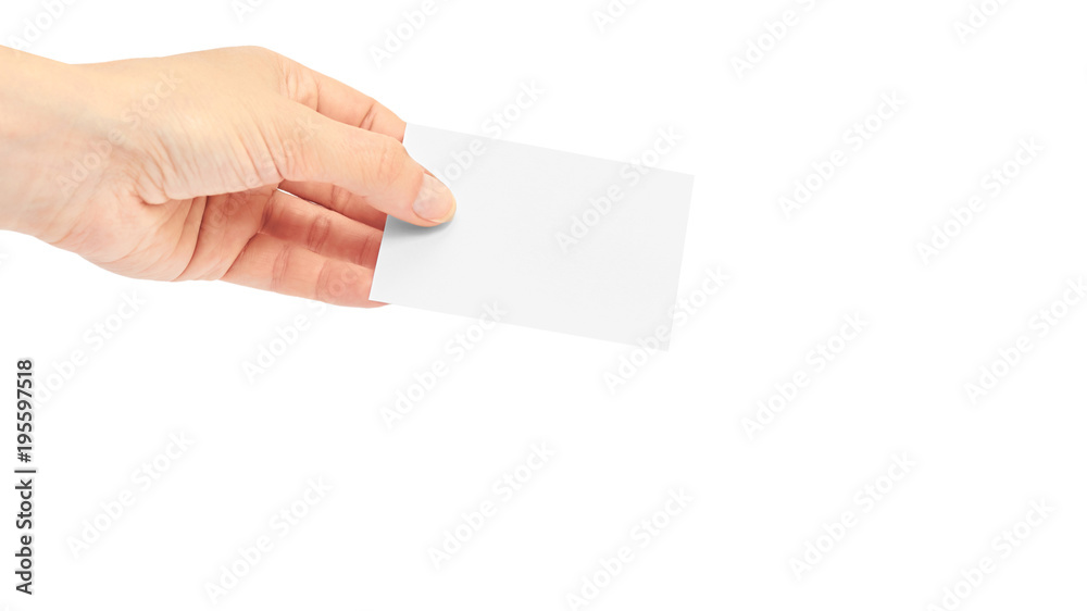 Female hands hold a business card. Isolated on white background. copy space, template Female hands hold a business card. Isolated on white background. copy space, template