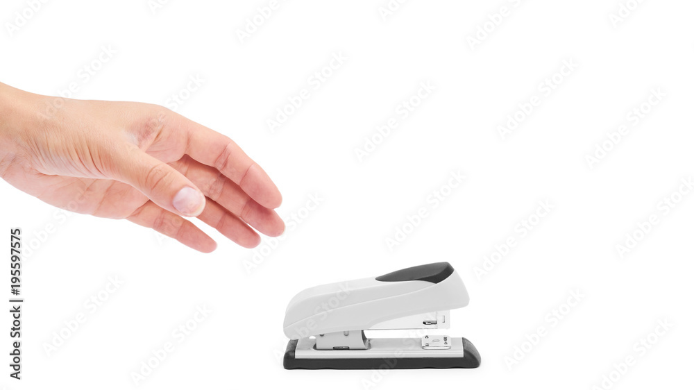 stapler in hand isolated on white background. copy space, template stapler in hand isolated on white background. copy space, template