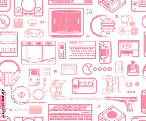Vector seamless pattern with oldschool gaming objects. Color schematic lines.