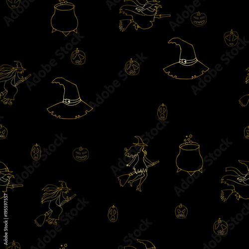 Halloween seamless pattern design with ghost, skull, pumpkin and black cat