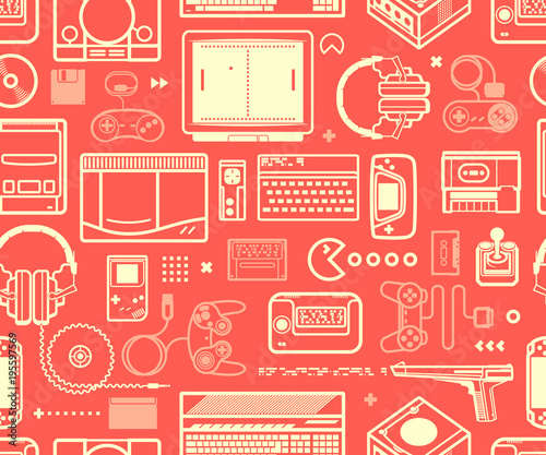 Vector seamless pattern with oldschool gaming objects. Color schematic lines.