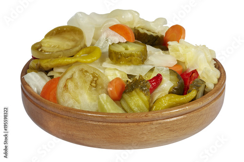 mixed pickles in wood bowl
