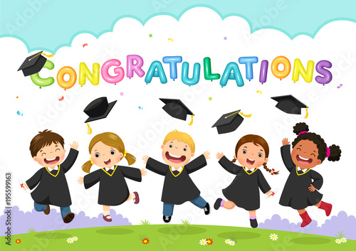 Happy graduation day. Vector illustration of students celebrating graduation photo