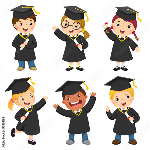 Set of children in a graduation gown and mortar board photo