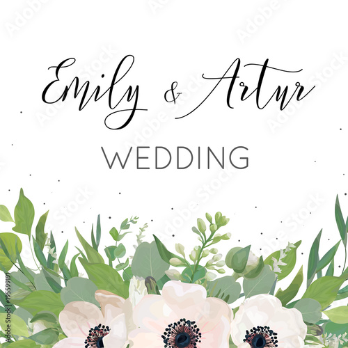 Vector floral wedding invite, invitation, save the date card design with watercolor mauve pink anemones, eucalyptus leaves, cute white lilac flowers, greenery plants, leaves delicate decorative border