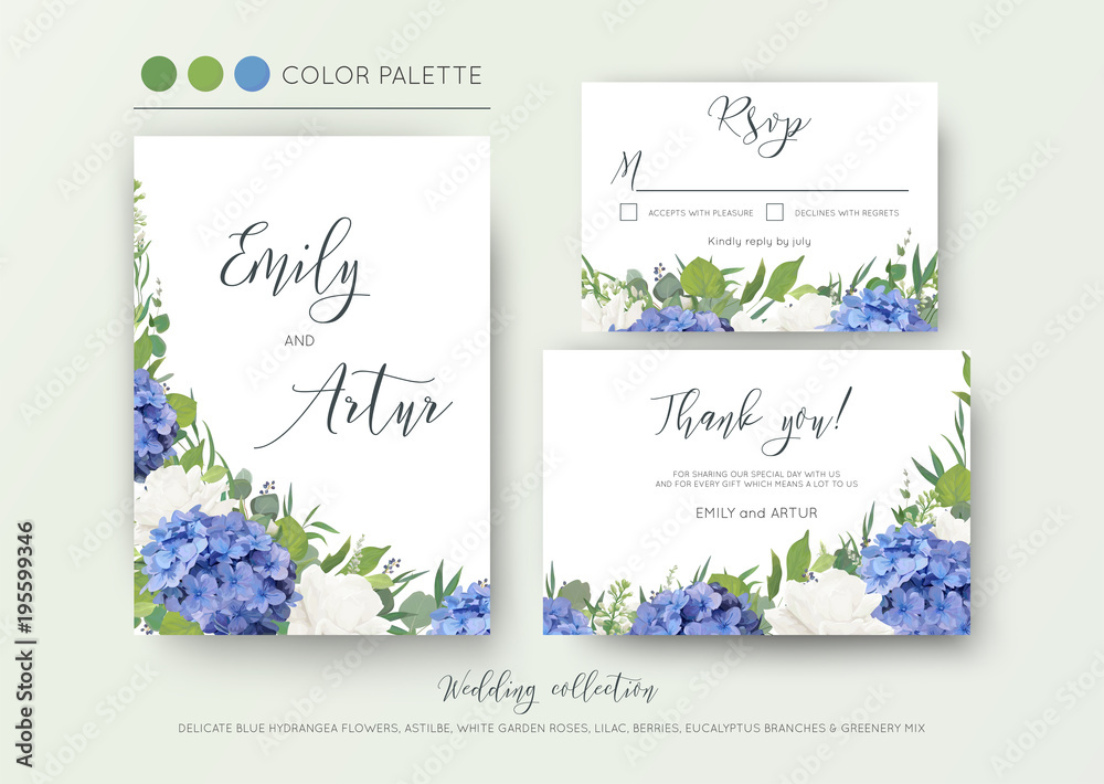 Wedding floral invite, invitation, save the date, thank you, rsvp, card design with elegant, blue hydrangea flowers, white garden roses, green eucalyptus, lilac, greenery leaves & beries. Delicate set