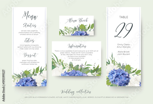 Wedding floral personal menu, place, information, table number card design set with elegant blue hydrangea flowers, white garden roses, green eucalyptus, lilac branches, greenery leaves & cute berries